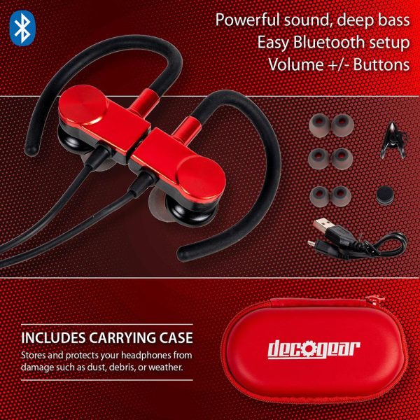 Deco Gear Magnetic Wireless Sport Earbuds - Red - Carrying Case - Open Box For Sale