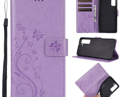 Butterfly Flower Imprinting Leather Wallet Phone Stand Case with Wrist Strap for Samsung Galaxy S21 5G S21 4G Fashion